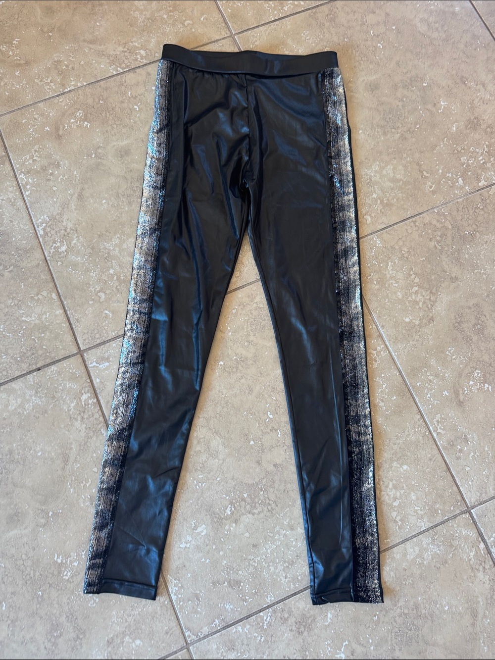 SPANX Black Faux Leather Leggings with Metallic Silver Side Panels